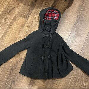 iris Black Hooded Toggle Pea Coat with Red Plaid Lining